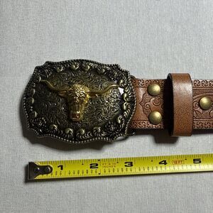 Mens-Western-Cowboy-Belt - Longhorn-Bull-Pattern-Buckle-Belt Floral-Engraved-...